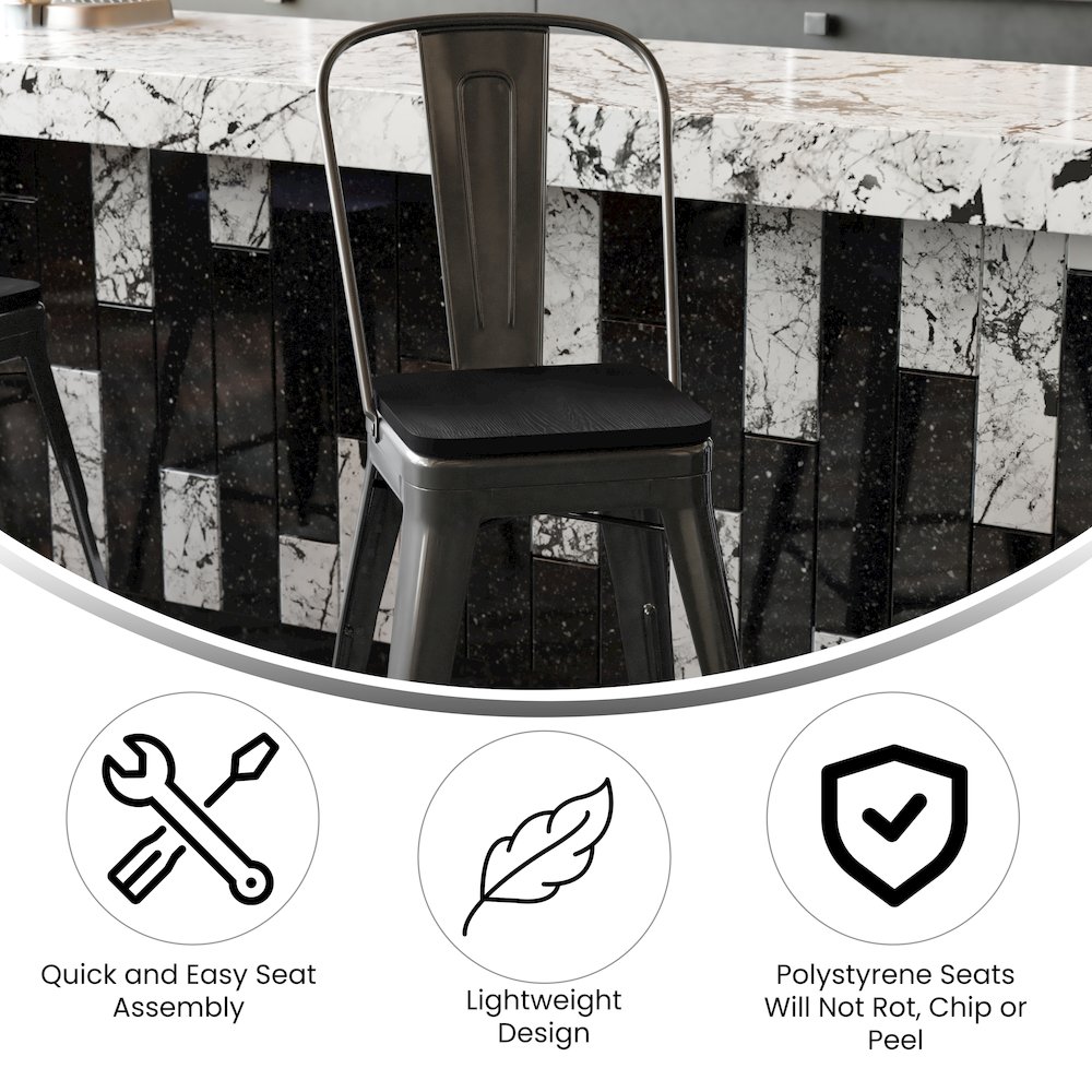 24" High Black Metal Indoor-Counter Height Stool with Removable Back. Picture 4