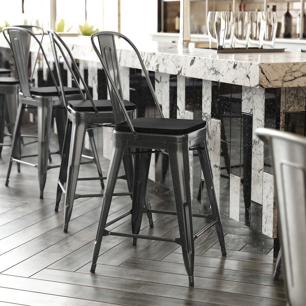 24" High Black Metal Indoor-Counter Height Stool with Removable Back. Picture 2