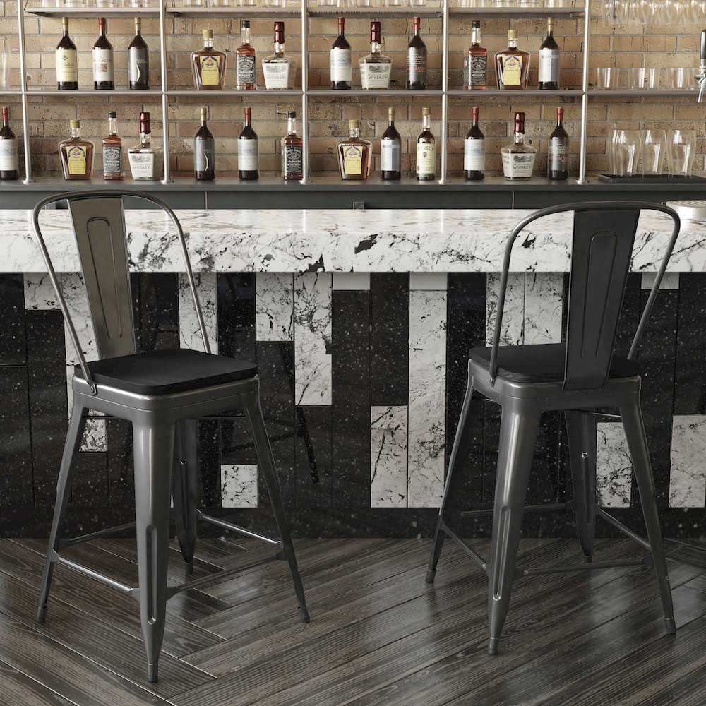 24" High Black Metal Indoor-Counter Height Stool with Removable Back. Picture 7