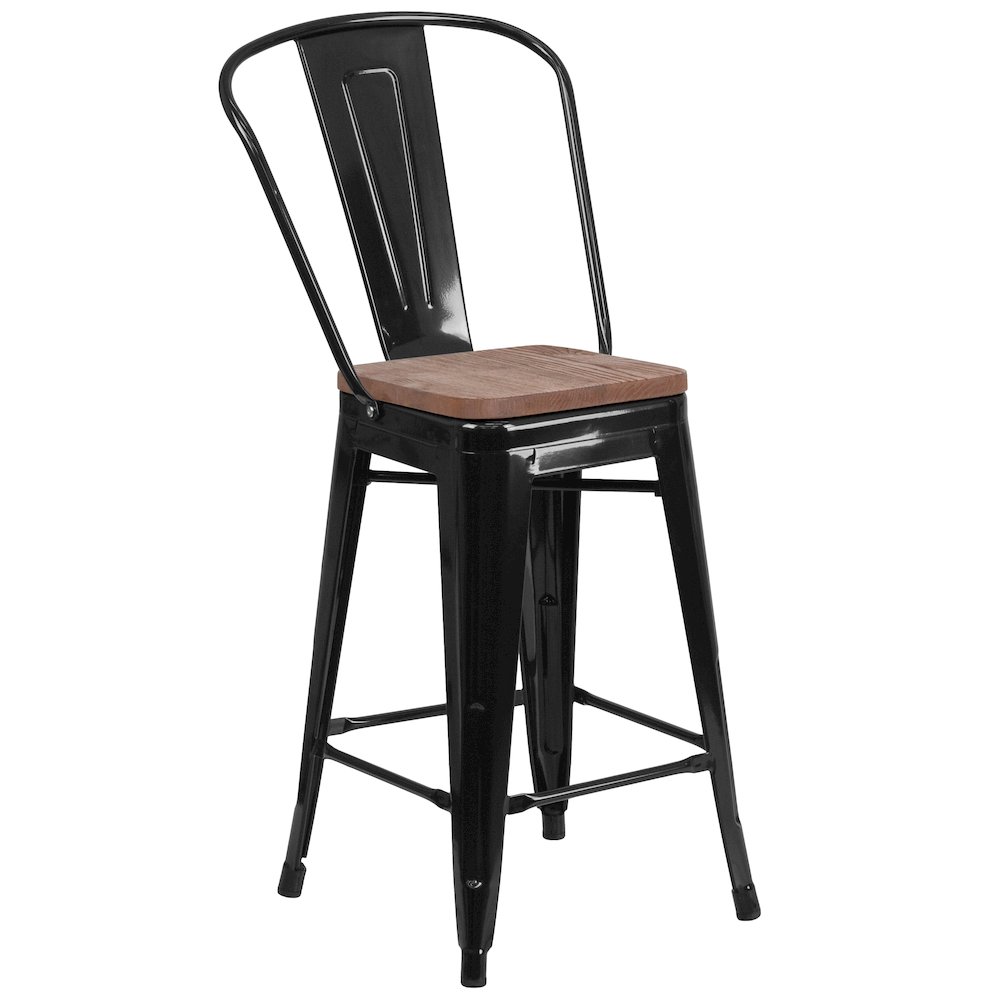 24" High Black Metal Counter Height Stool with Back and Wood Seat. Picture 1