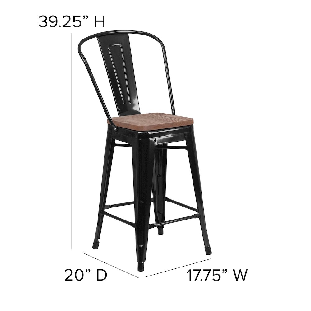 24" High Black Metal Counter Height Stool with Back and Wood Seat. Picture 5