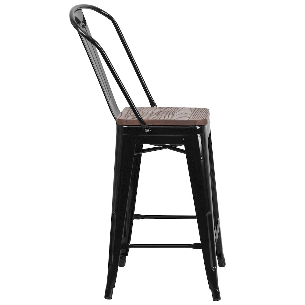 24" High Black Metal Counter Height Stool with Back and Wood Seat. Picture 8