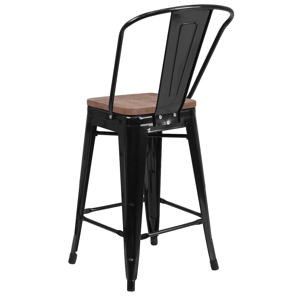 24" High Black Metal Counter Height Stool with Back and Wood Seat. Picture 6