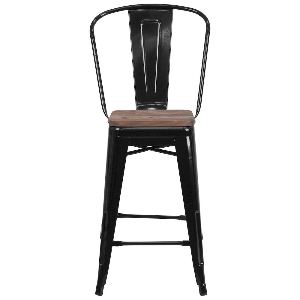 24" High Black Metal Counter Height Stool with Back and Wood Seat. Picture 9