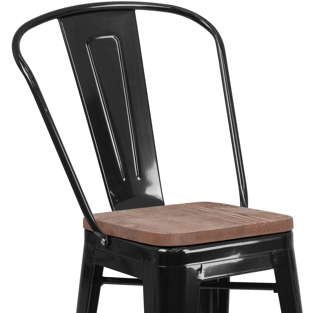 24" High Black Metal Counter Height Stool with Back and Wood Seat. Picture 7