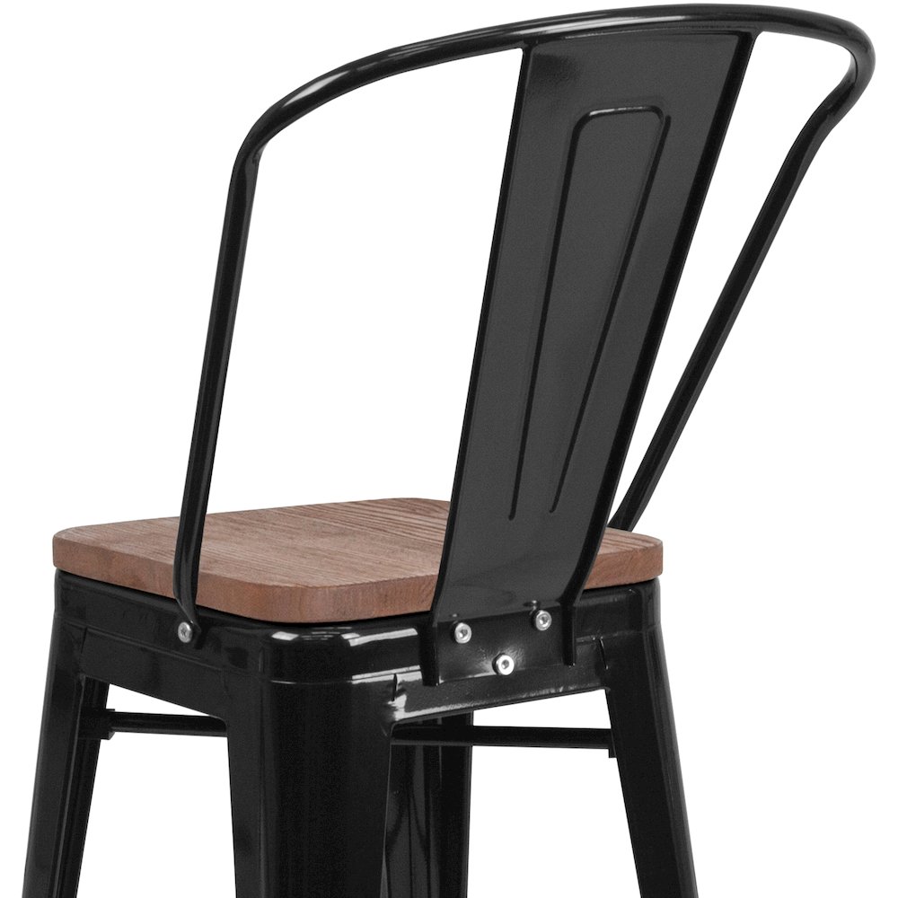 24" High Black Metal Counter Height Stool with Back and Wood Seat. Picture 10
