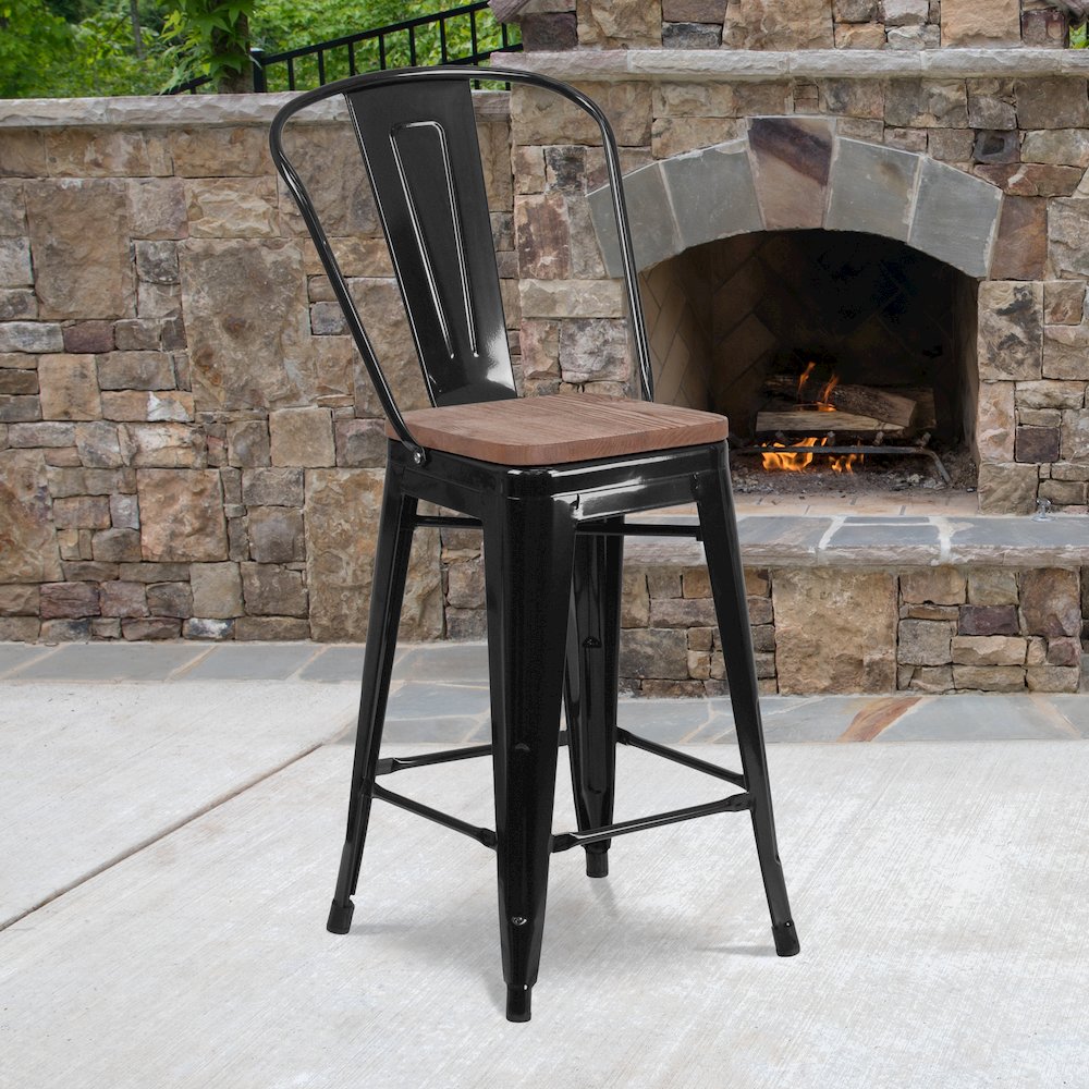 24" High Black Metal Counter Height Stool with Back and Wood Seat. Picture 2