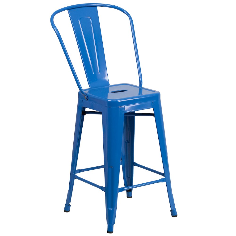 24" High Blue Metal Indoor-Outdoor Counter Height Stool with Removable Back. Picture 1