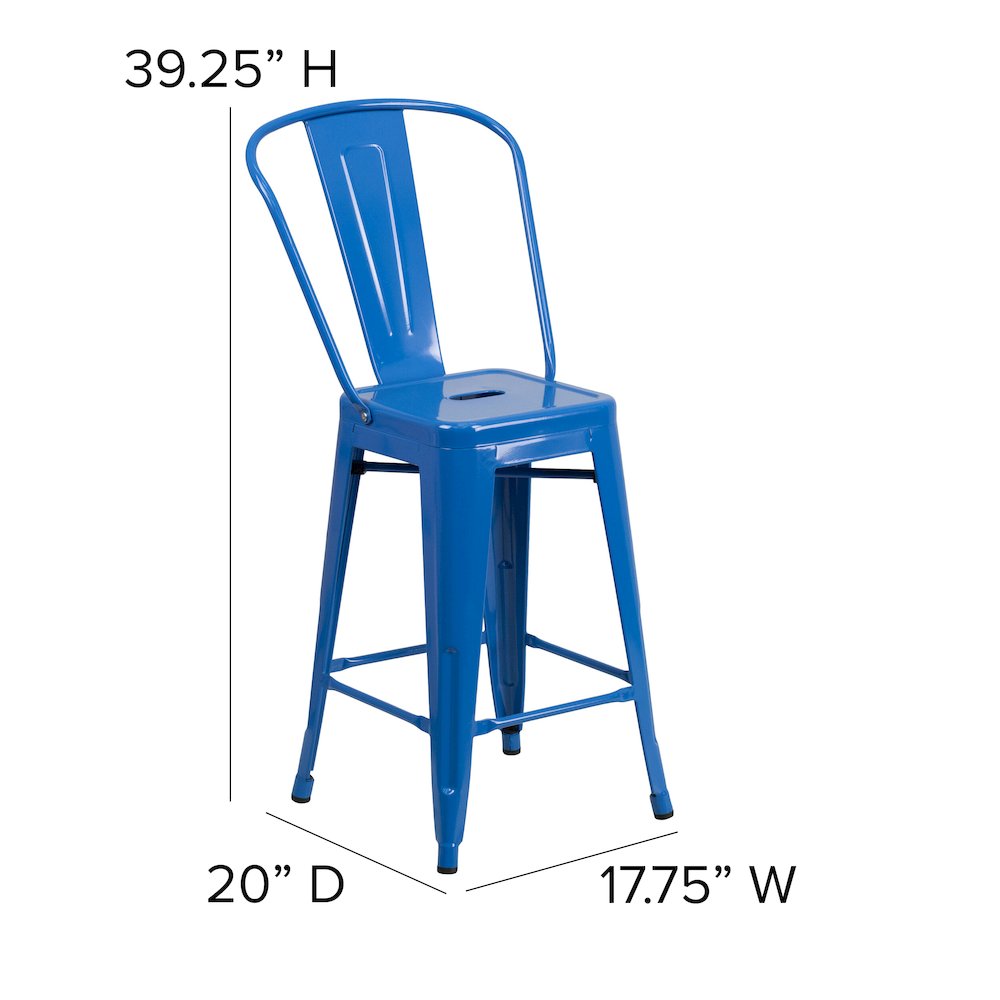 24" High Blue Metal Indoor-Outdoor Counter Height Stool with Removable Back. Picture 6
