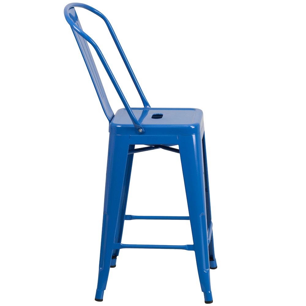 24" High Blue Metal Indoor-Outdoor Counter Height Stool with Removable Back. Picture 9