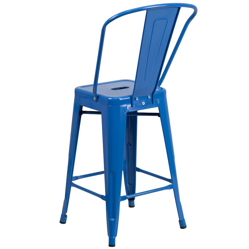 24" High Blue Metal Indoor-Outdoor Counter Height Stool with Removable Back. Picture 7