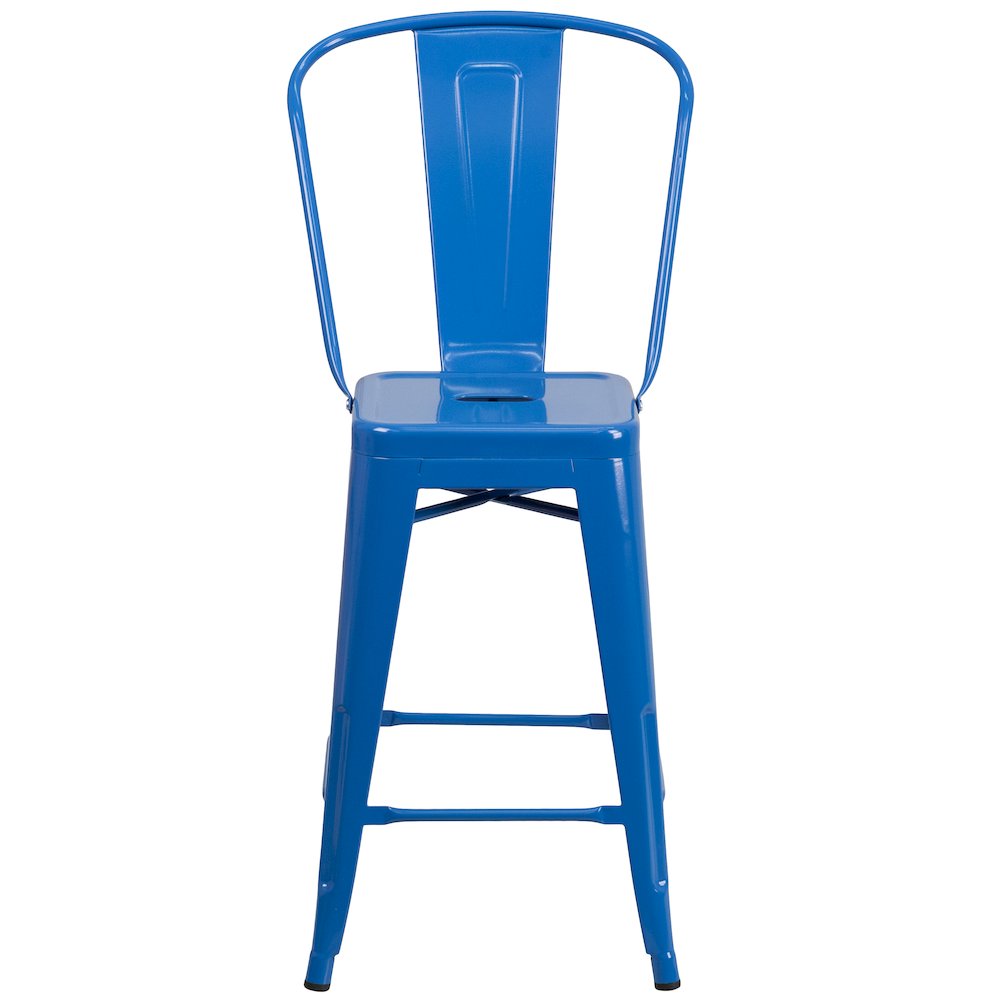 24" High Blue Metal Indoor-Outdoor Counter Height Stool with Removable Back. Picture 10
