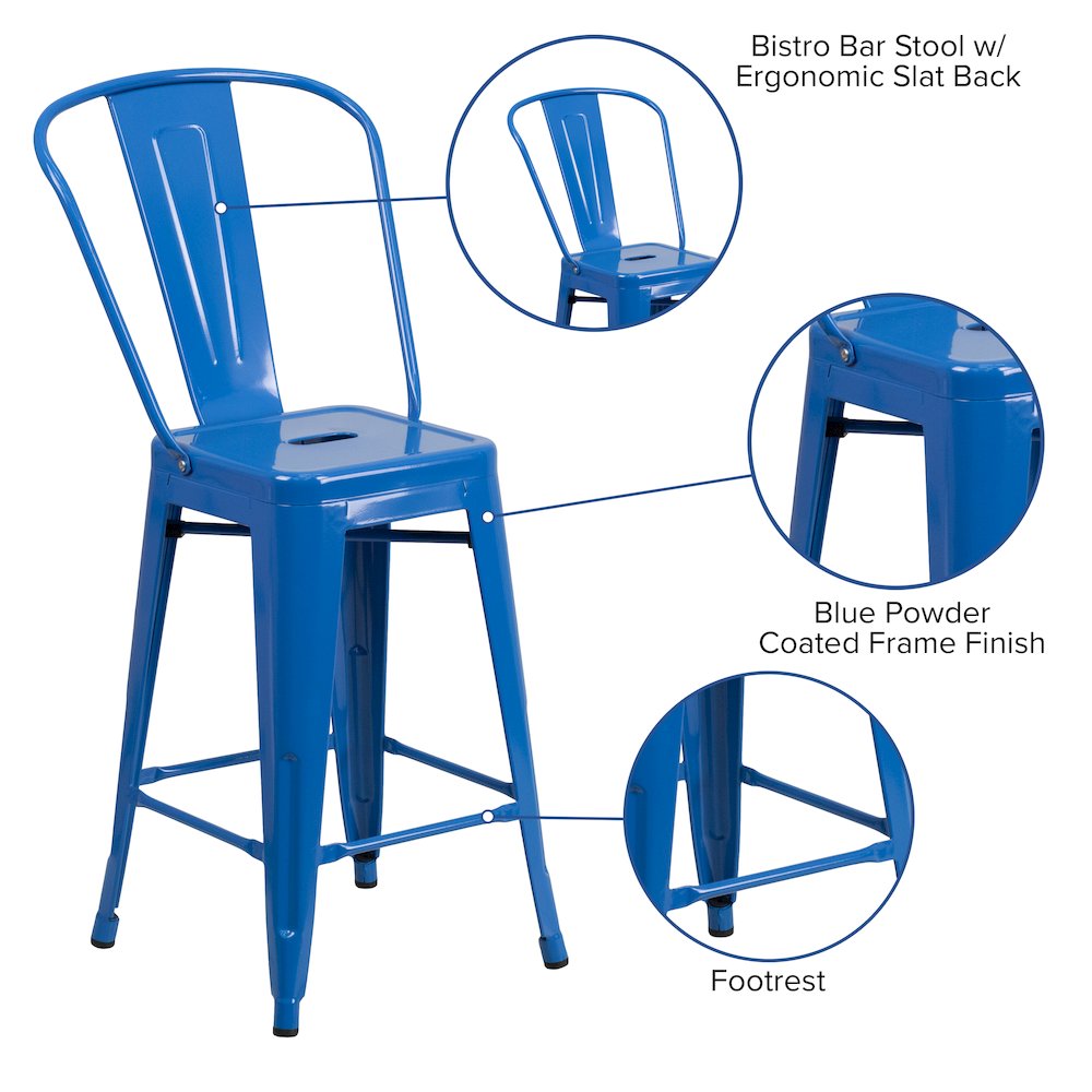 24" High Blue Metal Indoor-Outdoor Counter Height Stool with Removable Back. Picture 5