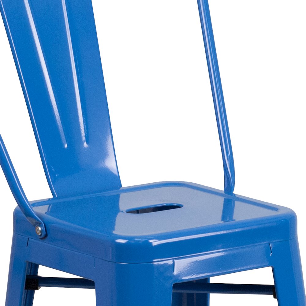 24" High Blue Metal Indoor-Outdoor Counter Height Stool with Removable Back. Picture 8