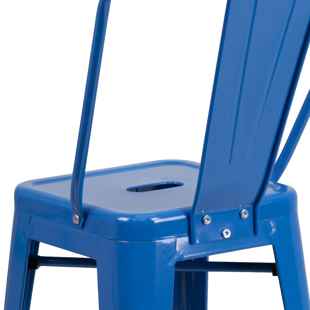 24" High Blue Metal Indoor-Outdoor Counter Height Stool with Removable Back. Picture 11