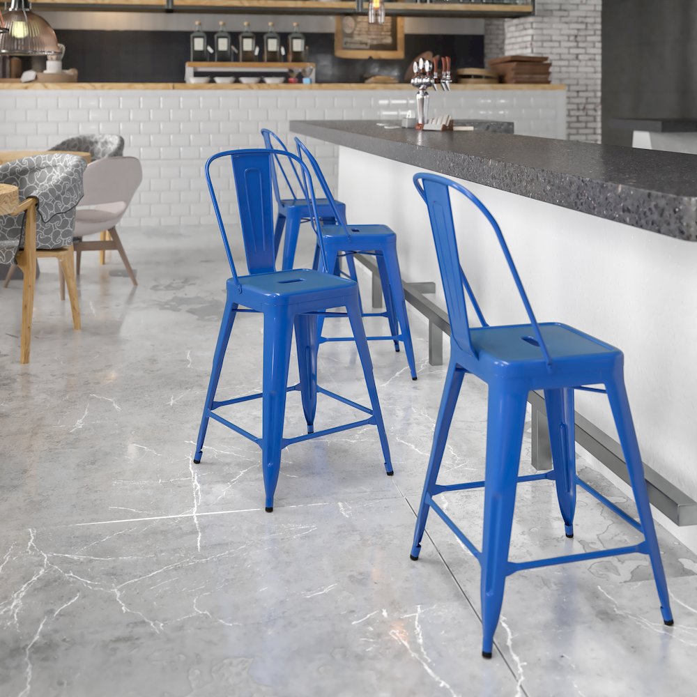 24" High Blue Metal Indoor-Outdoor Counter Height Stool with Removable Back. Picture 2