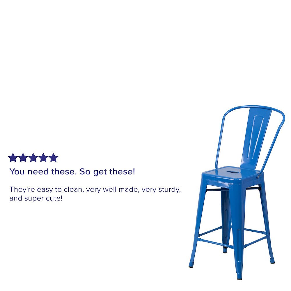 24" High Blue Metal Indoor-Outdoor Counter Height Stool with Removable Back. Picture 4