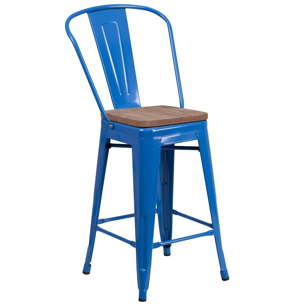 24" High Blue Metal Counter Height Stool with Back and Wood Seat. Picture 1