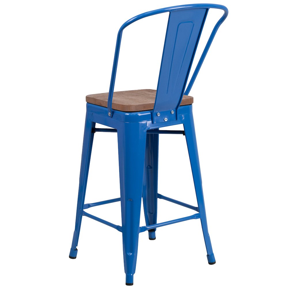 24" High Blue Metal Counter Height Stool with Back and Wood Seat. Picture 4