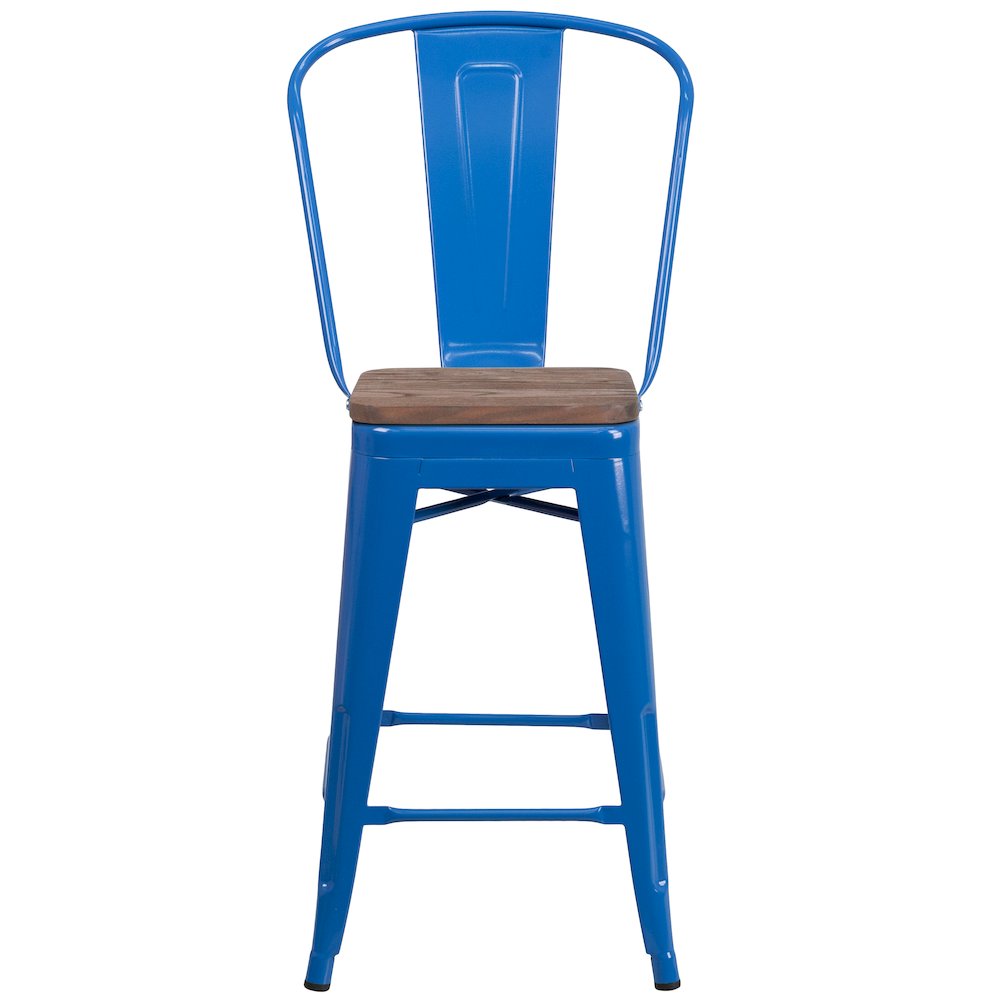 24" High Blue Metal Counter Height Stool with Back and Wood Seat. Picture 6