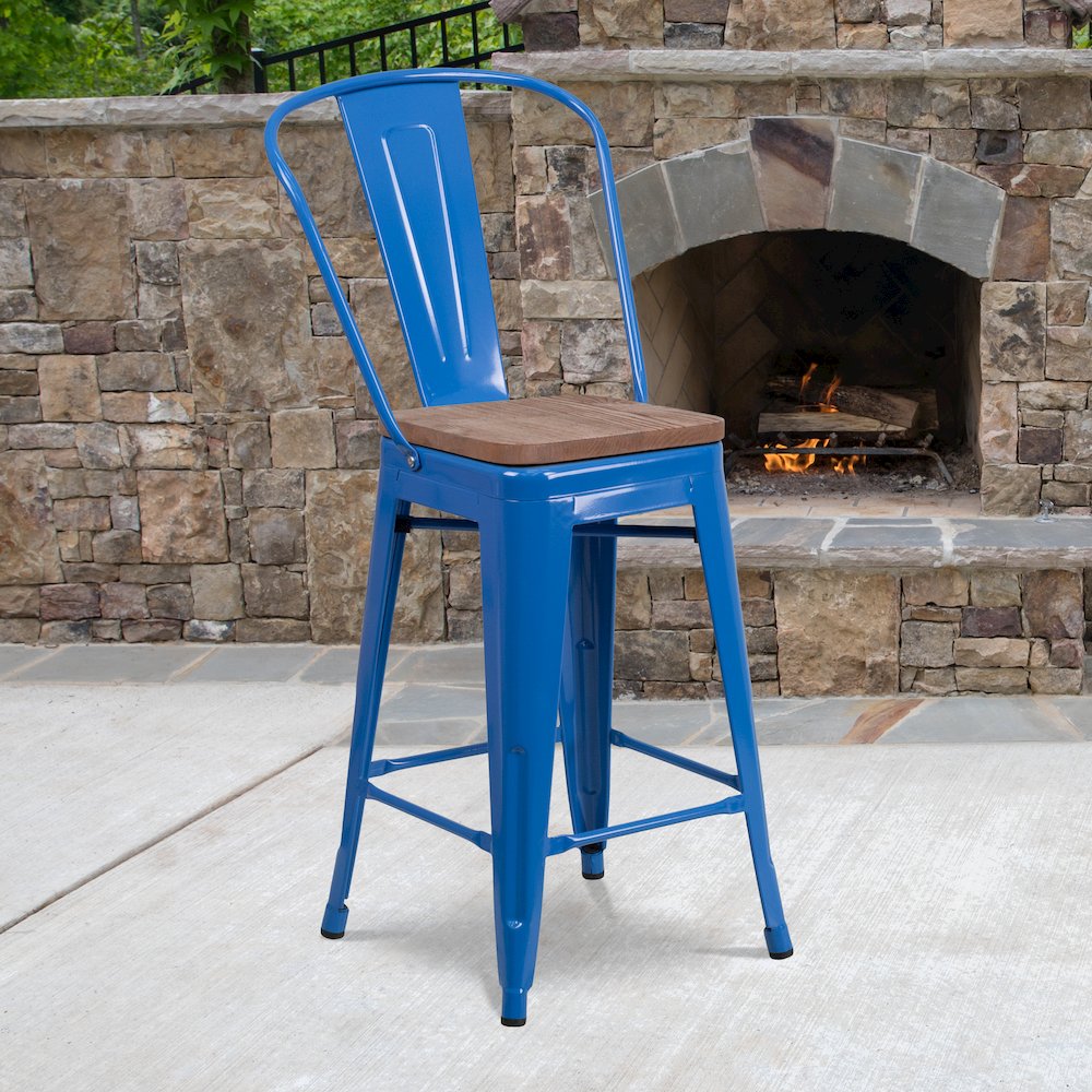 24" High Blue Metal Counter Height Stool with Back and Wood Seat. Picture 2