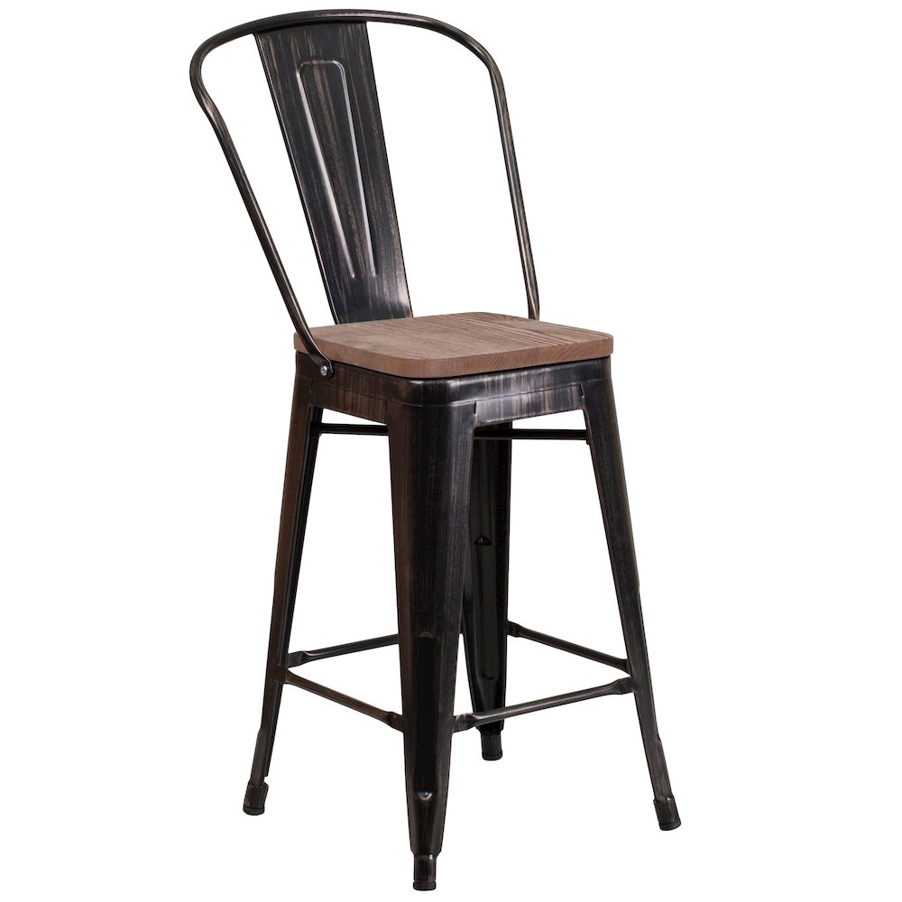 24" High Black-Antique Gold Metal Counter Height Stool with Back and Wood Seat. Picture 1