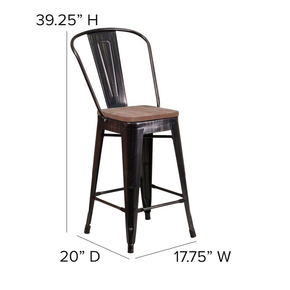 24" High Black-Antique Gold Metal Counter Height Stool with Back and Wood Seat. Picture 5