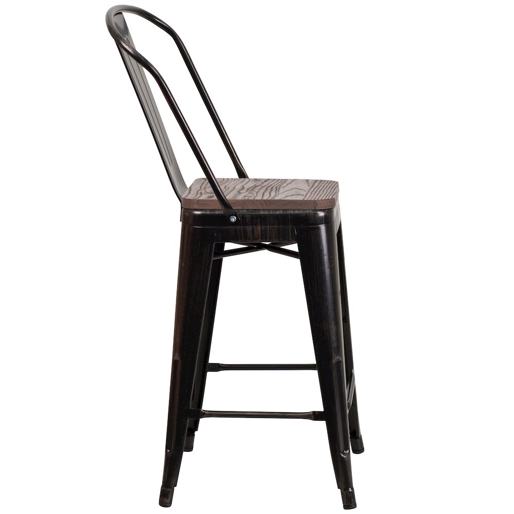 24" High Black-Antique Gold Metal Counter Height Stool with Back and Wood Seat. Picture 8