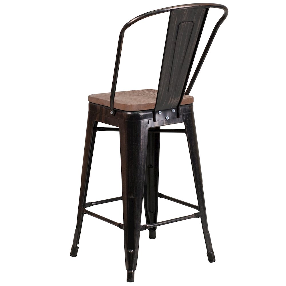 24" High Black-Antique Gold Metal Counter Height Stool with Back and Wood Seat. Picture 6