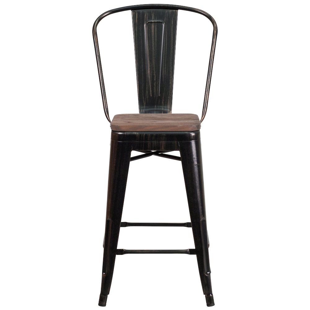 24" High Black-Antique Gold Metal Counter Height Stool with Back and Wood Seat. Picture 9