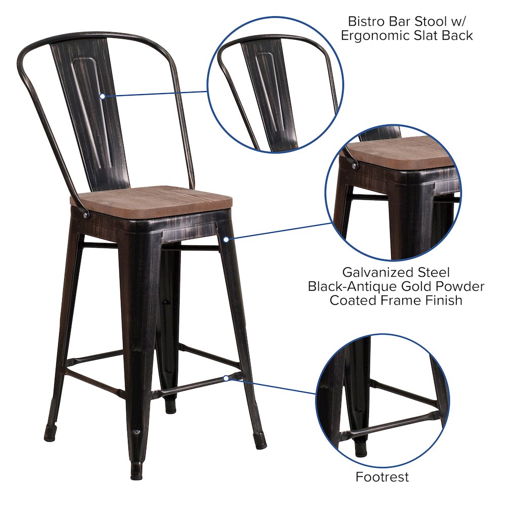 24" High Black-Antique Gold Metal Counter Height Stool with Back and Wood Seat. Picture 4