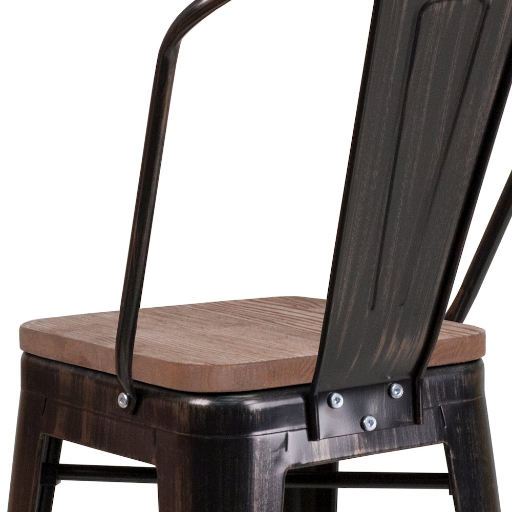 24" High Black-Antique Gold Metal Counter Height Stool with Back and Wood Seat. Picture 10