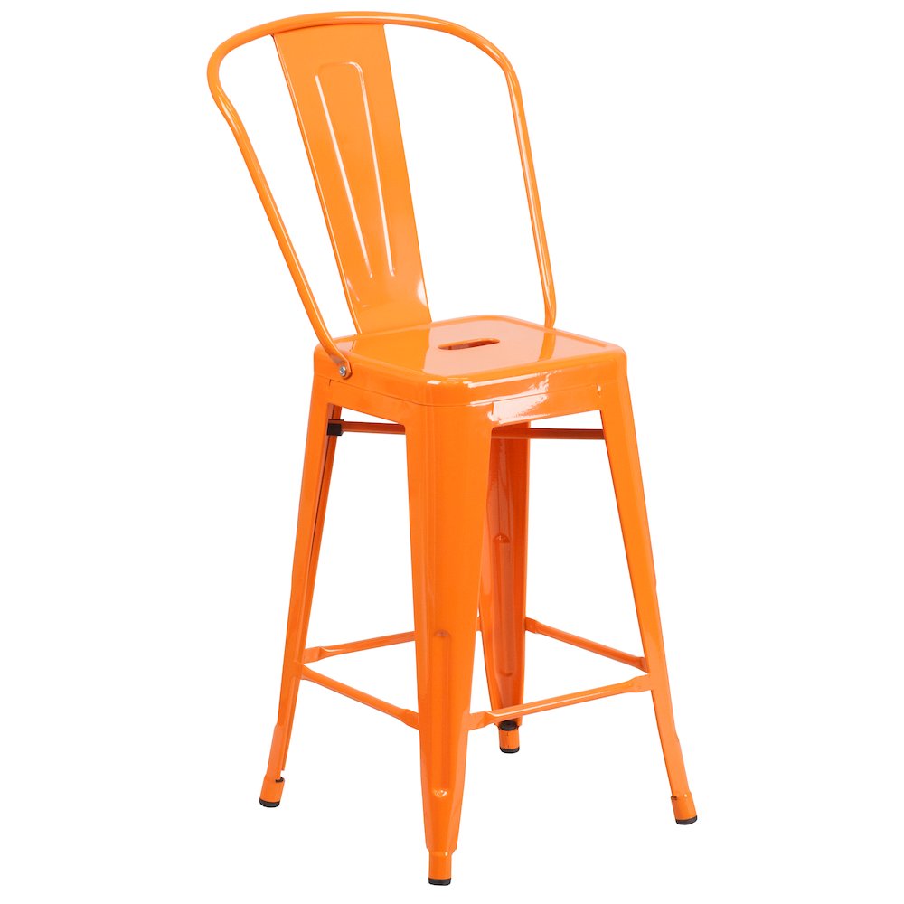 24" High Orange Metal Indoor-Outdoor Counter Height Stool with Removable Back. Picture 1