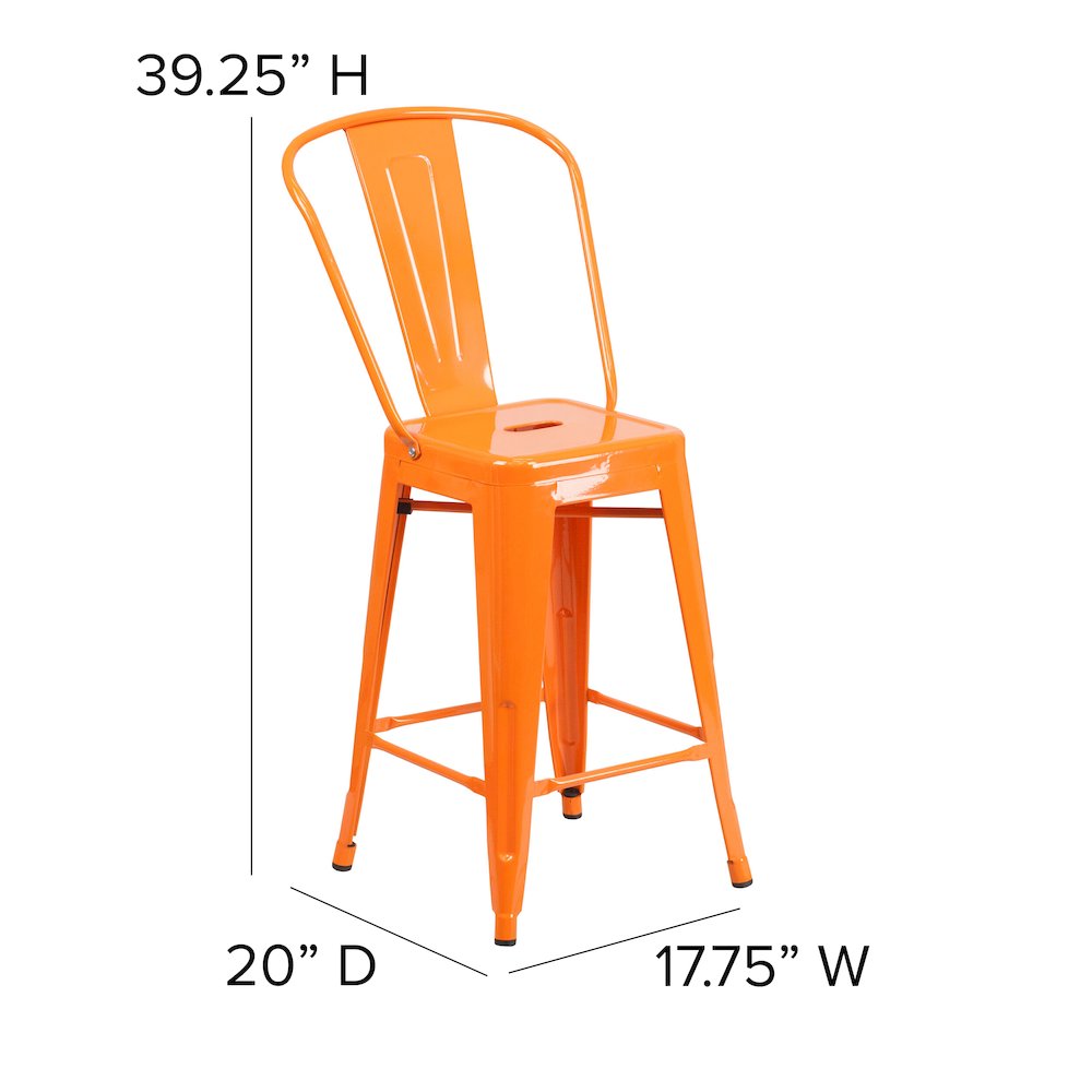 24" High Orange Metal Indoor-Outdoor Counter Height Stool with Removable Back. Picture 6