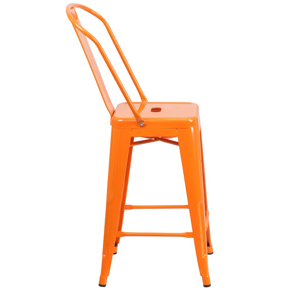24" High Orange Metal Indoor-Outdoor Counter Height Stool with Removable Back. Picture 9