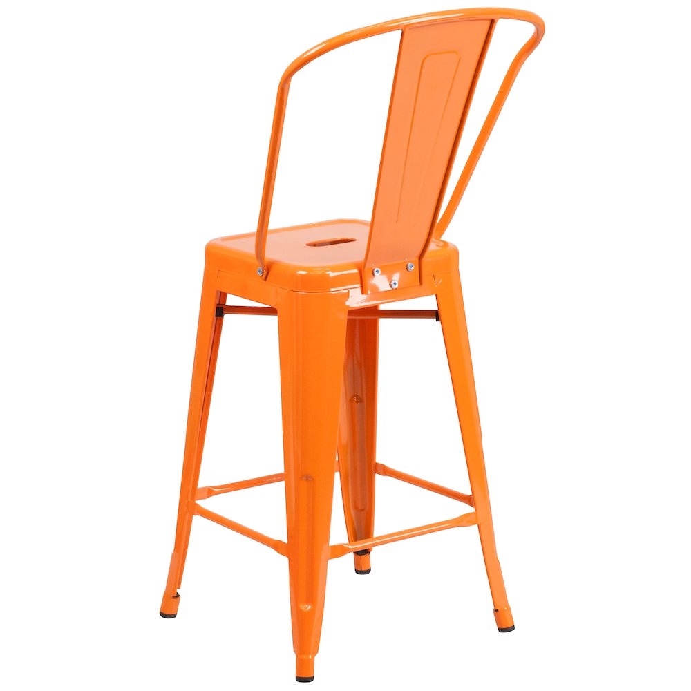24" High Orange Metal Indoor-Outdoor Counter Height Stool with Removable Back. Picture 7