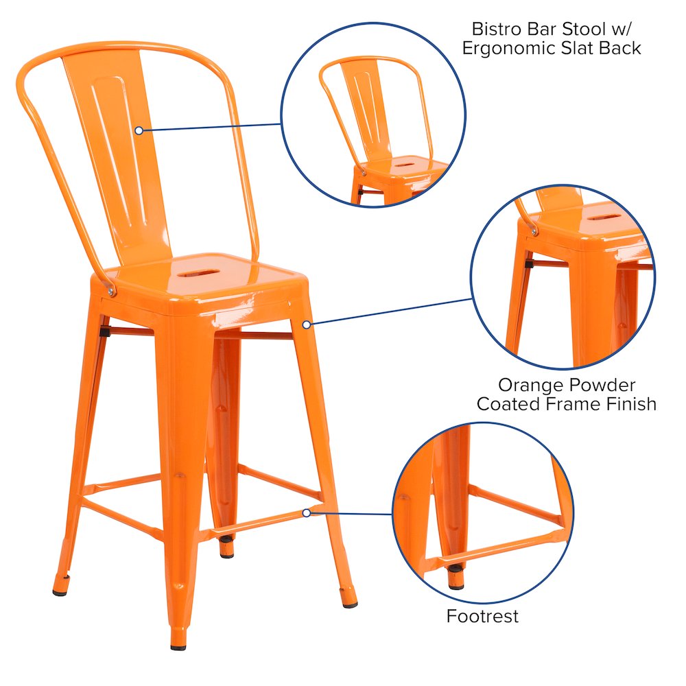 24" High Orange Metal Indoor-Outdoor Counter Height Stool with Removable Back. Picture 5