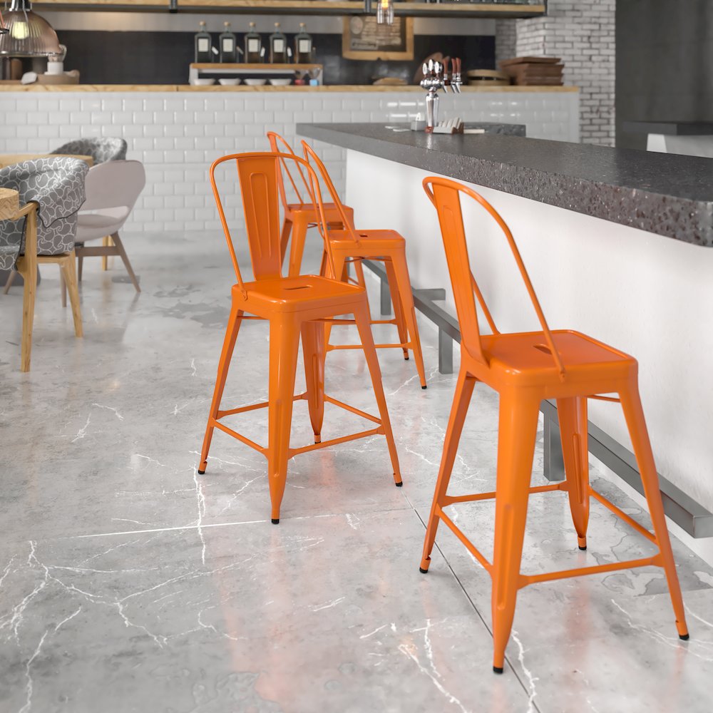 24" High Orange Metal Indoor-Outdoor Counter Height Stool with Removable Back. Picture 2