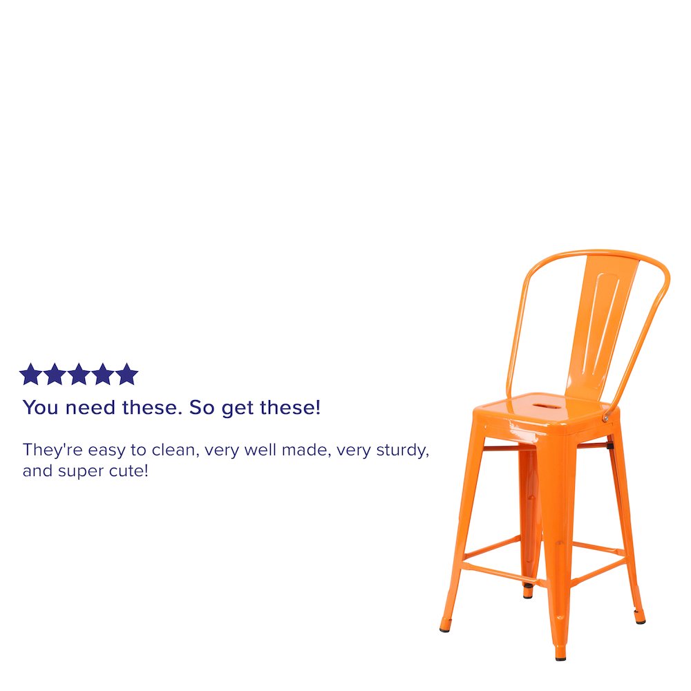 24" High Orange Metal Indoor-Outdoor Counter Height Stool with Removable Back. Picture 4