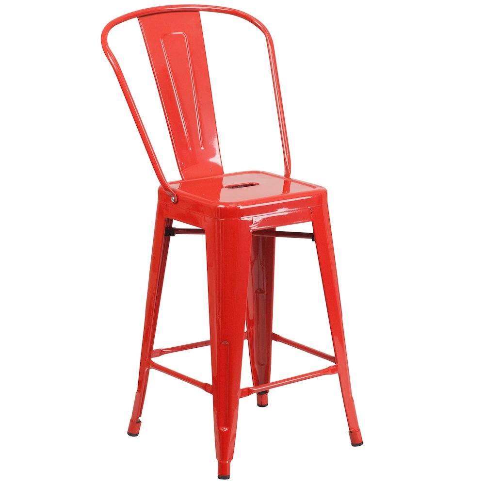 24" High Red Metal Indoor-Outdoor Counter Height Stool with Removable Back. Picture 1