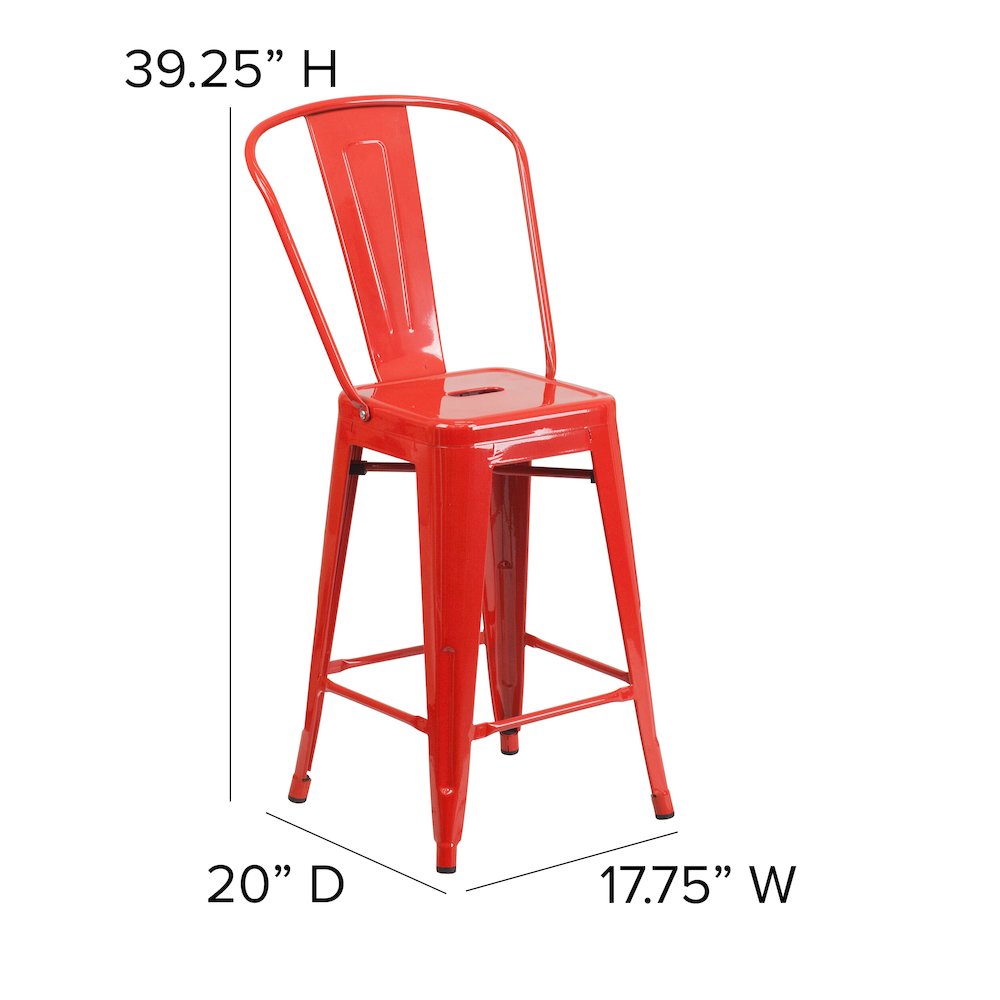 24" High Red Metal Indoor-Outdoor Counter Height Stool with Removable Back. Picture 6