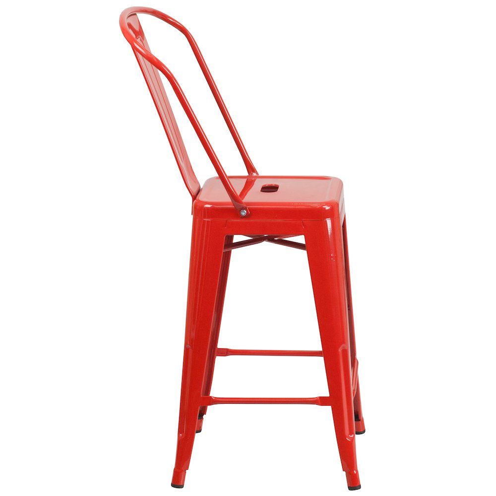 24" High Red Metal Indoor-Outdoor Counter Height Stool with Removable Back. Picture 9