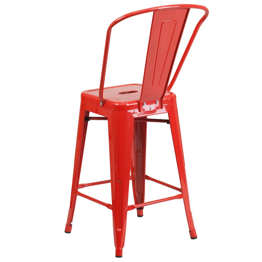 24" High Red Metal Indoor-Outdoor Counter Height Stool with Removable Back. Picture 7
