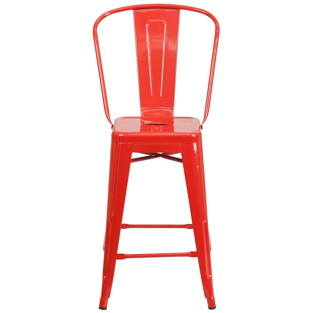 24" High Red Metal Indoor-Outdoor Counter Height Stool with Removable Back. Picture 10