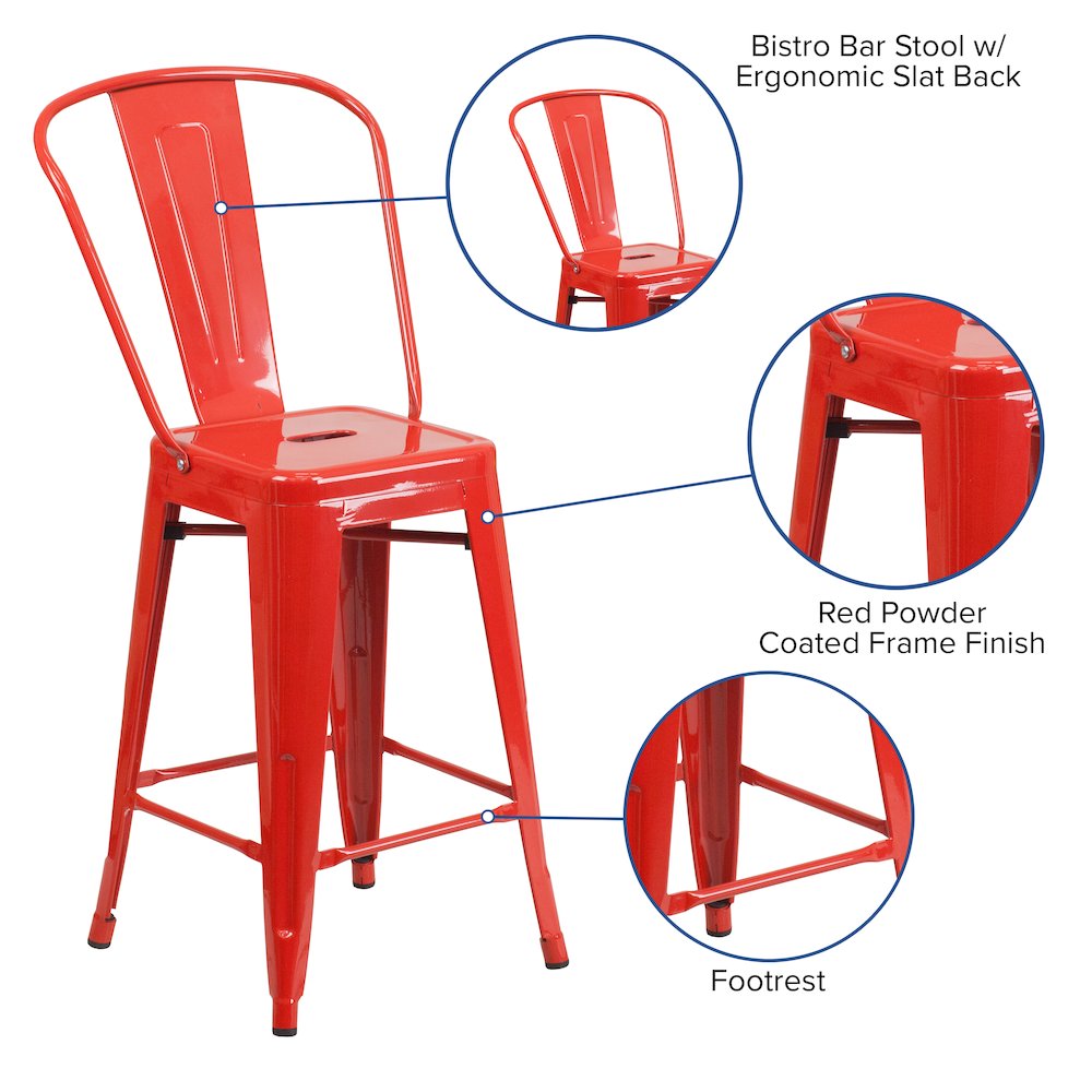 24" High Red Metal Indoor-Outdoor Counter Height Stool with Removable Back. Picture 5