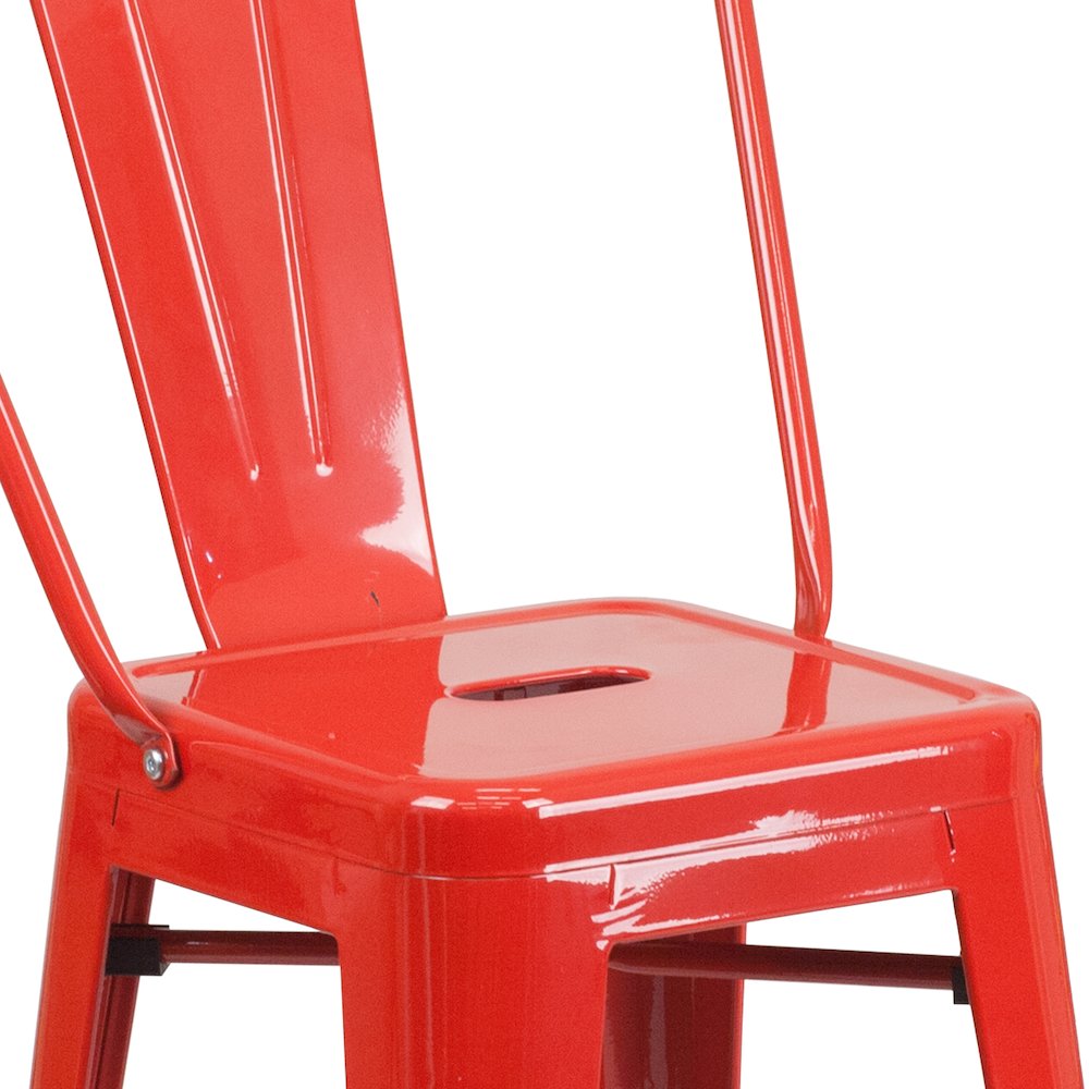 24" High Red Metal Indoor-Outdoor Counter Height Stool with Removable Back. Picture 8