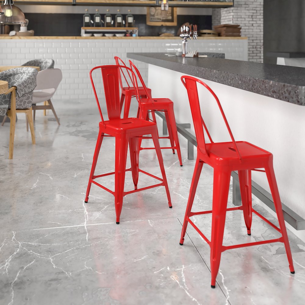 24" High Red Metal Indoor-Outdoor Counter Height Stool with Removable Back. Picture 2