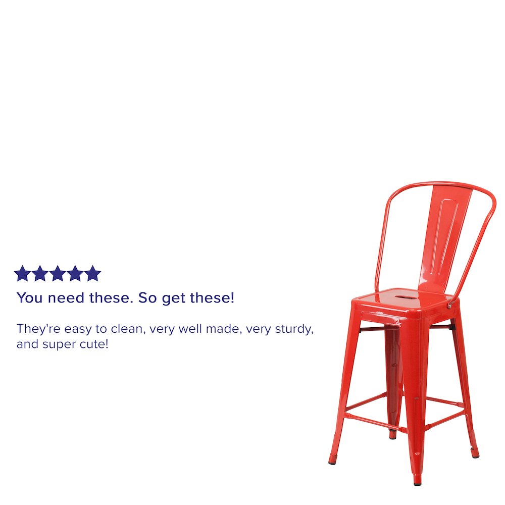 24" High Red Metal Indoor-Outdoor Counter Height Stool with Removable Back. Picture 4