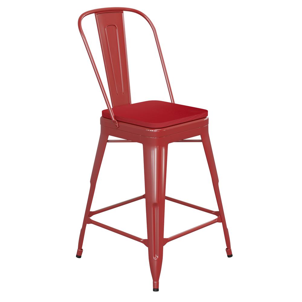 24" High Red Metal Indoor-Counter Height Stool with Removable Back. Picture 1
