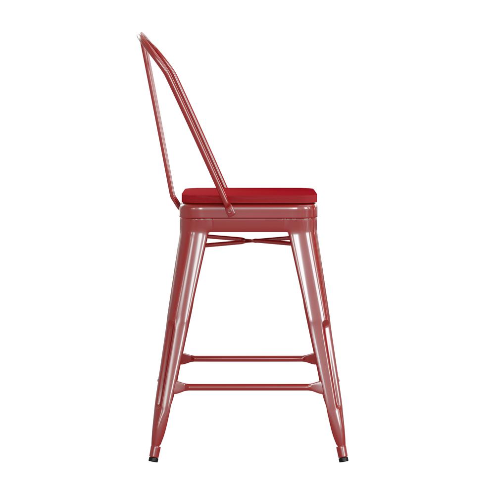 24" High Red Metal Indoor-Counter Height Stool with Removable Back. Picture 10